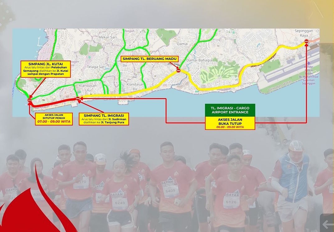 Jalan utama Balikpapan akan ditutup selama event Bayan Run 2024 pada 2024. Sebagian akan ditutup penuh dan berlaku sistem buka tutup.