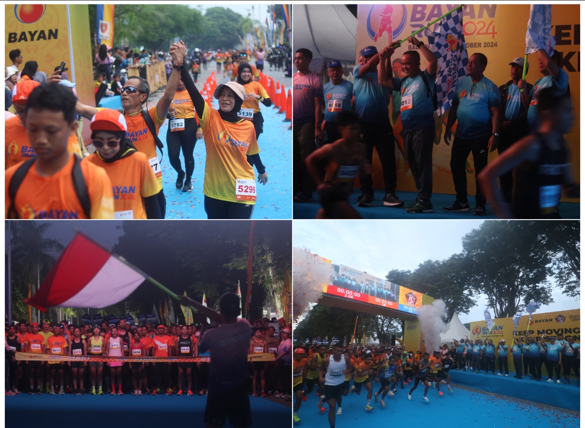 MERIAH: Perhelatan Bayan Run 2024 kembali mendapat respons positif dari pencinta olahraga lari. Mereka mulai berlari dari titik awal di Lapangan Merdeka, Minggu (13/10). (FOTO: ANGGI PRADITHA/KP)