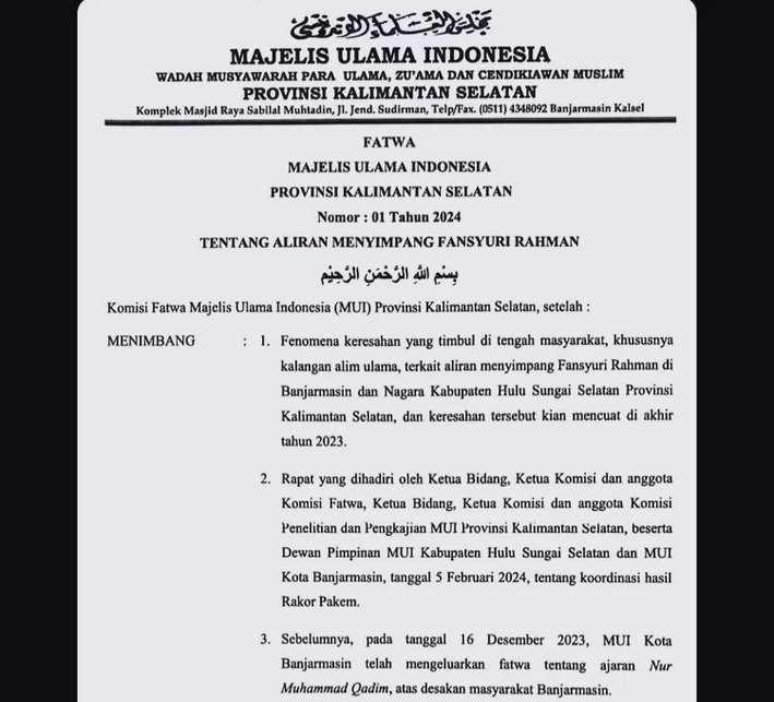 Tangkapan layar salinan fatwa MUI Kalsel terkait majelis ajaran Ahmad Fansyuri Rahman yang dinilai sesat.
