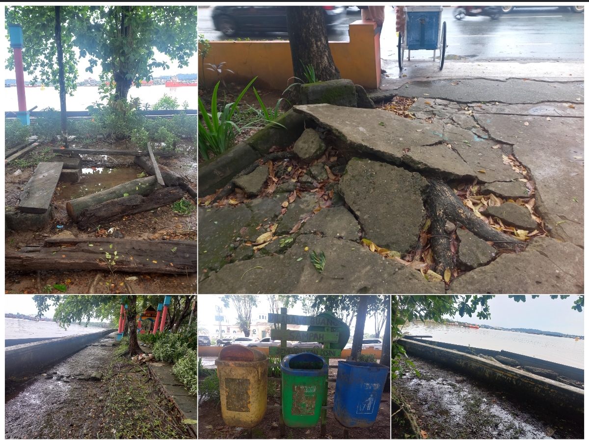 MINIM PERAWATAN: Taman tepian yang terletak di Jalan Slamet Riyadi, depan Masjid Islamic Center, tampak tak terawat. (FOTO: EKO)