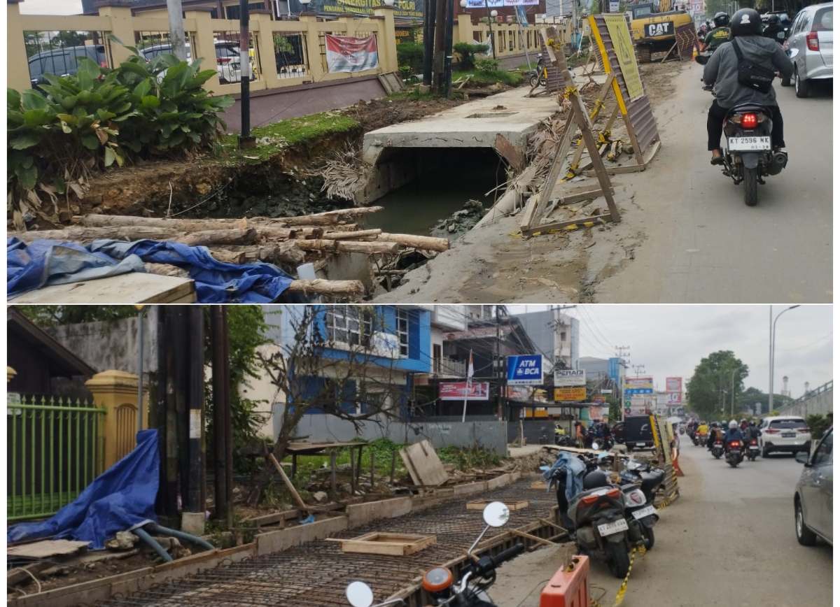 PENUH MASALAH: Pembangunan drainase di Jalan Slamet Riyadi Kecamatan Sungai Kunjang menyebabkan kemacetan. penggalian untuk konstruksi juga kerap mengenai pipa.(FOTO: DENNY SAPUTRA)