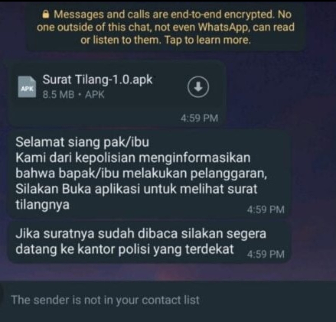 TIDAK BENAR: Pemberitahuan surat tilang elektronik yang diberikan menggunakan komunikasi WhatsApp tidak benar alias palsu, warga diharapkan waspada dan mengabaikan.