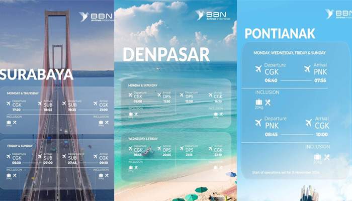 Kolase jadwal penerbangan baru BBN Airlines Indonesia.