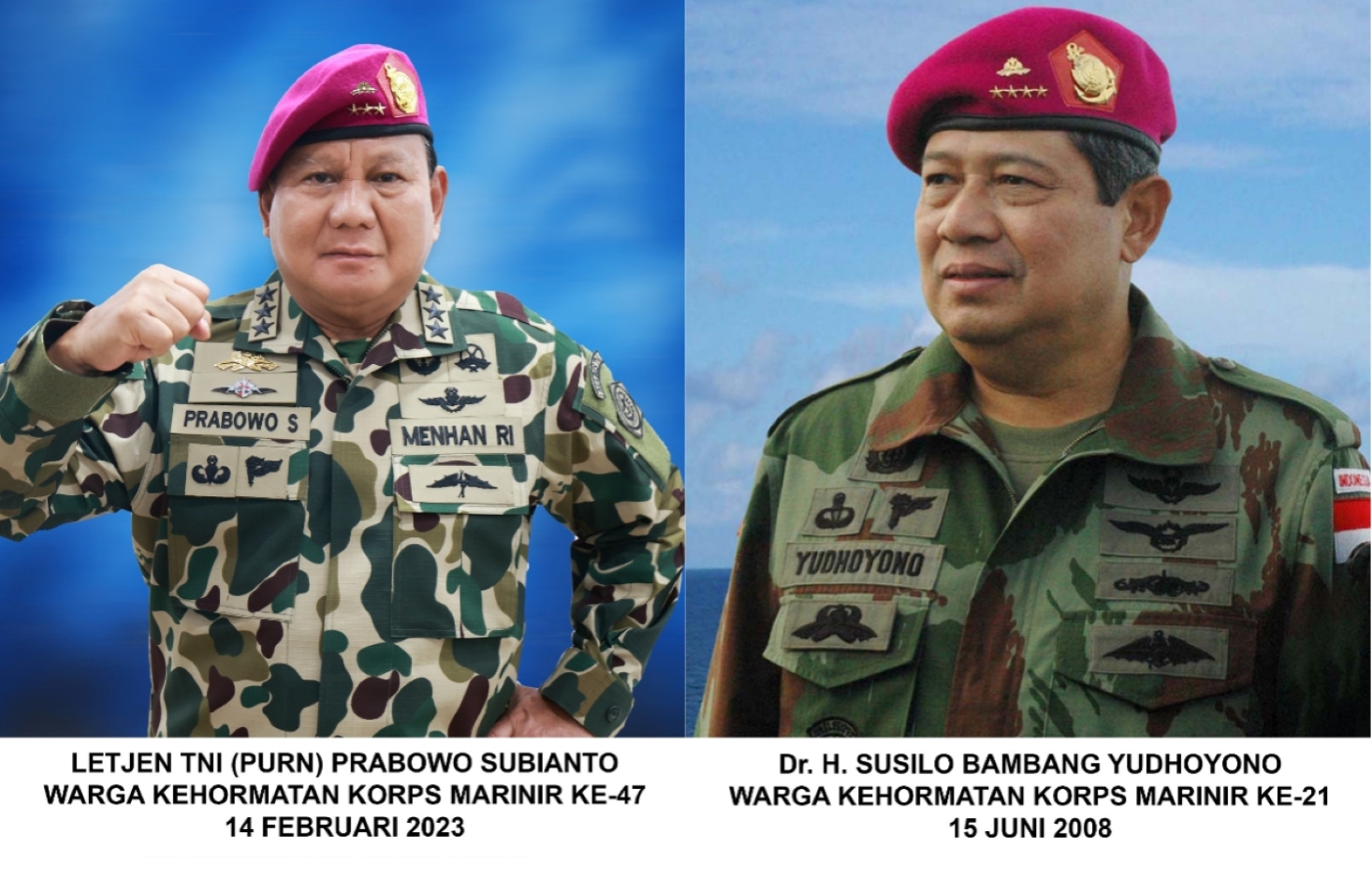DIRGAHAYU: Prabowo Subianto (kiri) dan Susilo Bambang Yudhoyono yang bergelar warga kehormatan Korps Marinir TNI AL.