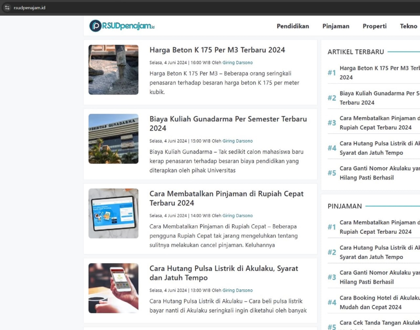 TAK RELEVAN: Tampilan website rsudpenajam.id saat dikunjungi Kaltim Post melalui link website induk Pemkab PPU, Jumat (15/11), berisi ratusan artikel tak relevan dengan dunia kesehatan.