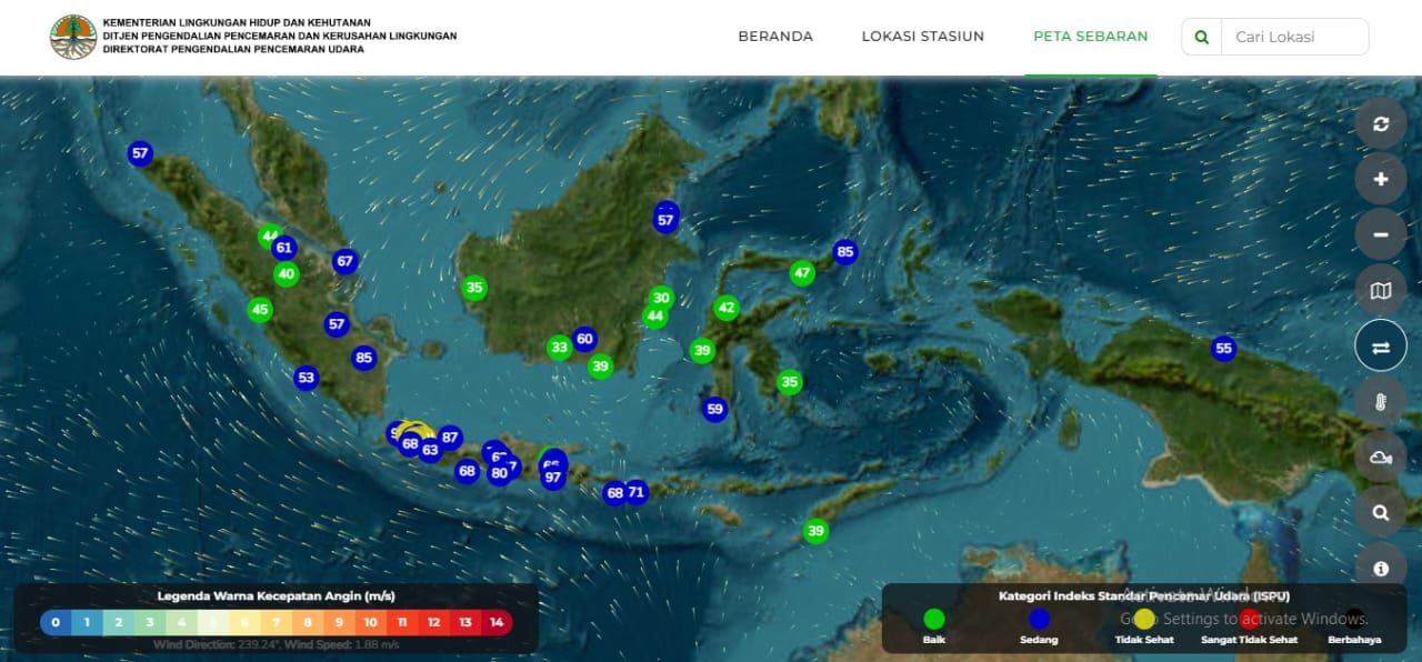 UDARA BERSIH: Peta sebaran kualitas udara dari laman ISPU KLHK, Minggu (17/11) pukul 13.00 Wita.