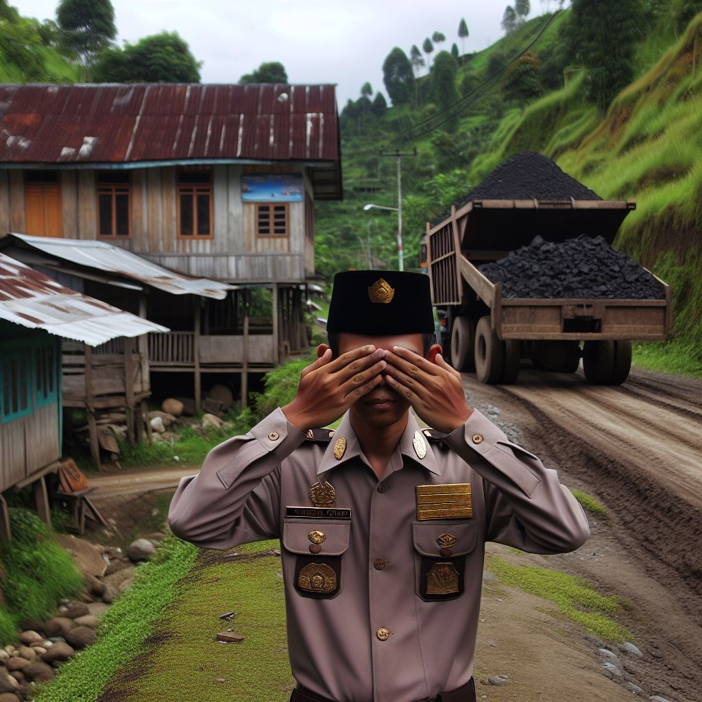 Ilustrasi aparat pemerintah tutup mata terhadap aktivitas hauling batu bara.