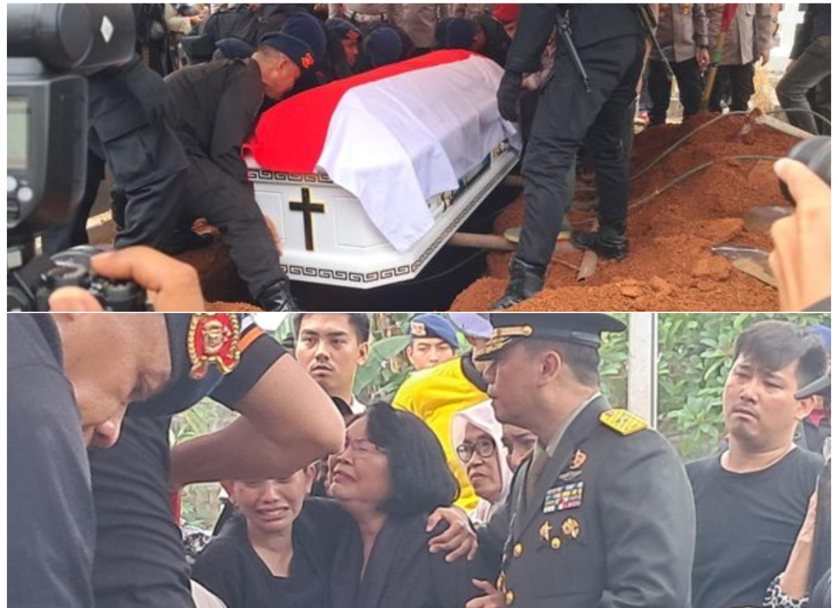 NAIK PANGKAT: Suasana pemakaman AKP Ryanto Ulil Anshar diselimuti duka mendalam, tampak ibunda almarhum Cristina Yun Abubakar harus ditenangkan anggota keluarga. (FOTO: IST)