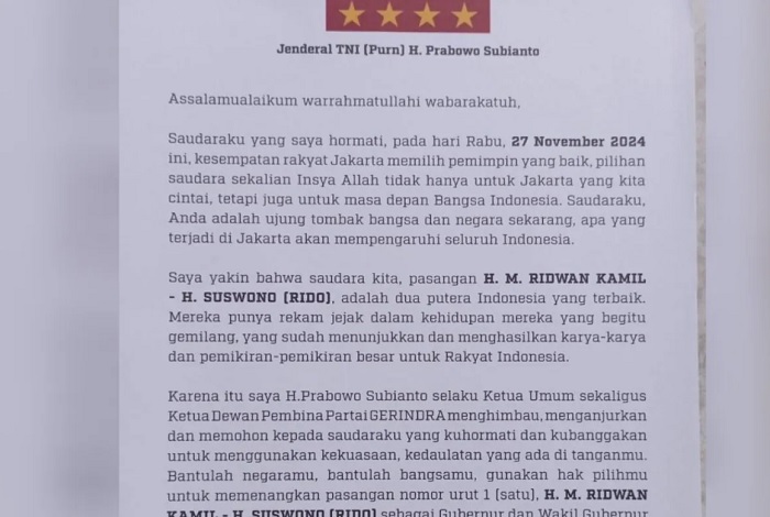 Surat dukungan Prabowo Subianto kepada pasangan Rido di Pilgub Jakarta 2024 viral di media sosial.