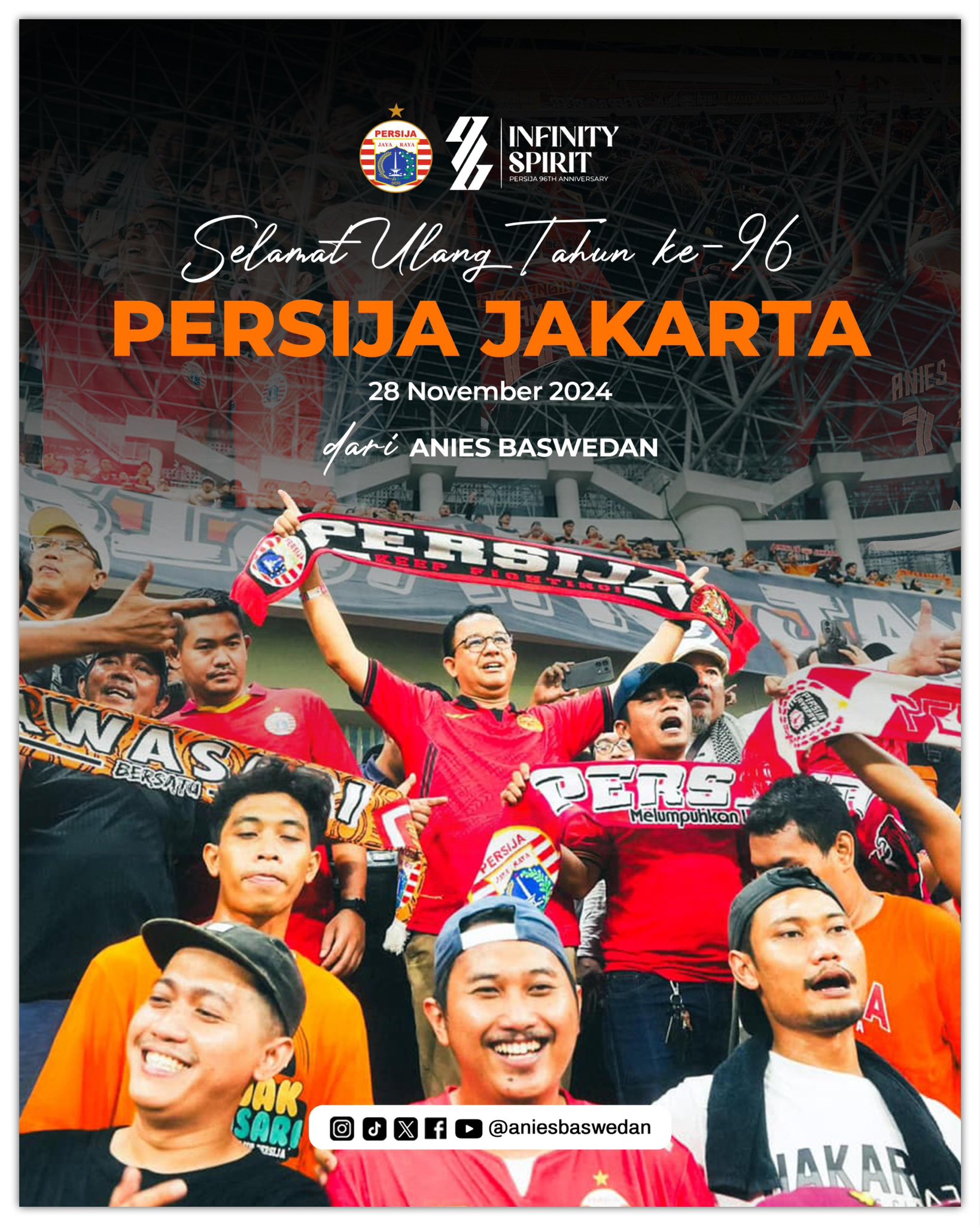 Anies Baswedan mengucapkan selamat ulang tahun bagi Persija Jakarta ke-96.