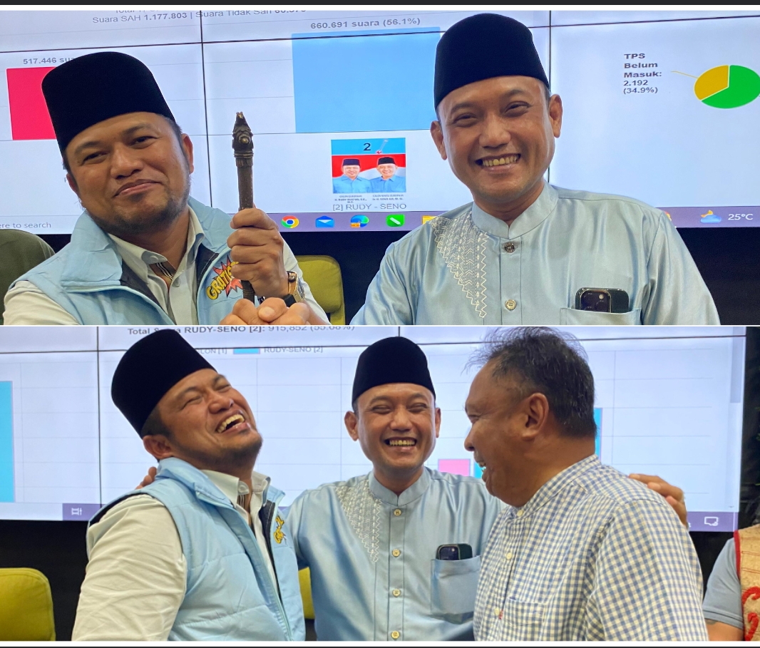 UNGGUL: Rudy-Seno pede hasil hitung cepat. Keduanya meminta tim pemenangan untuk tidak jumawa dan fokus mengawal proses perhitungan yang berjalan. (FOTO: RAMA)