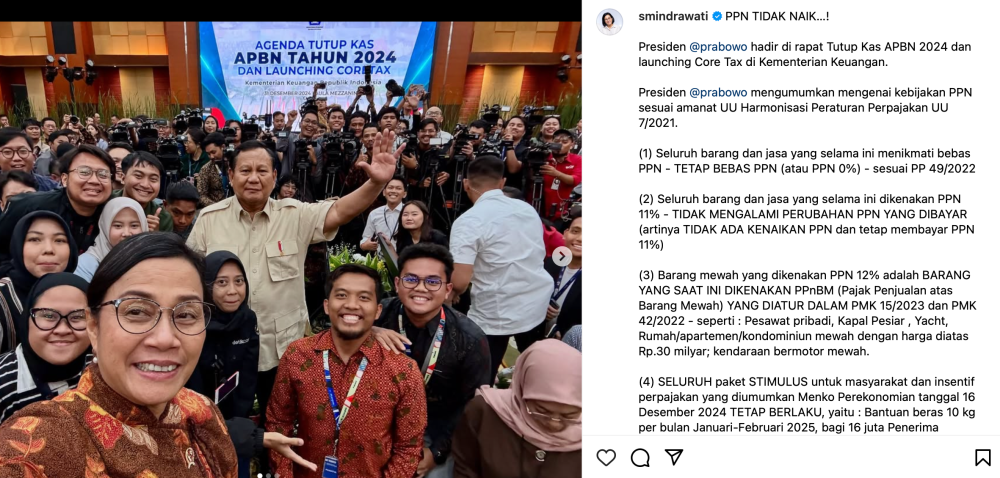 Sri Mulyani memposting foto selfie bersama Presiden RI Prabowo Subianto dan jajaran Kementerian Keuangan, usai menjelaskan kebijakan PPN tahun 2025. Di instagram pribadinya.