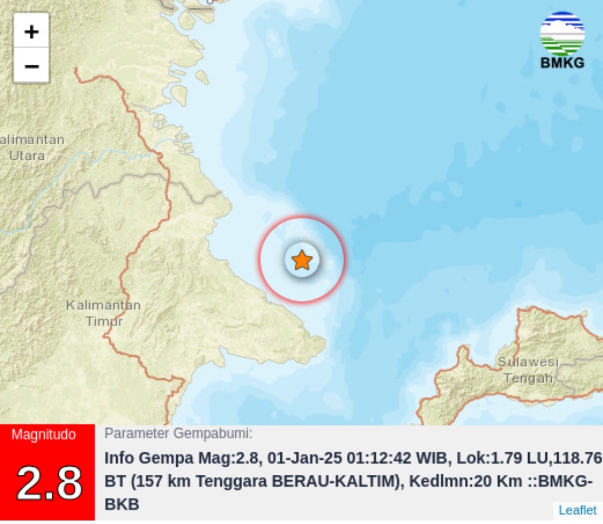 GEMPA PERTAMA : Data gempa bumi di perairan Berau, Rabu (1/1) dini hari. (FOTO: STAGEOF BALIKPAPAN)
