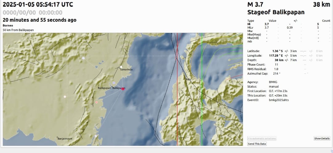 GEMPA KEDUA : Data gempa bumi di perairan Balikpapan, Minggu (5/1) siang. (FOTO: STAGEOF BALIKPAPAN)
