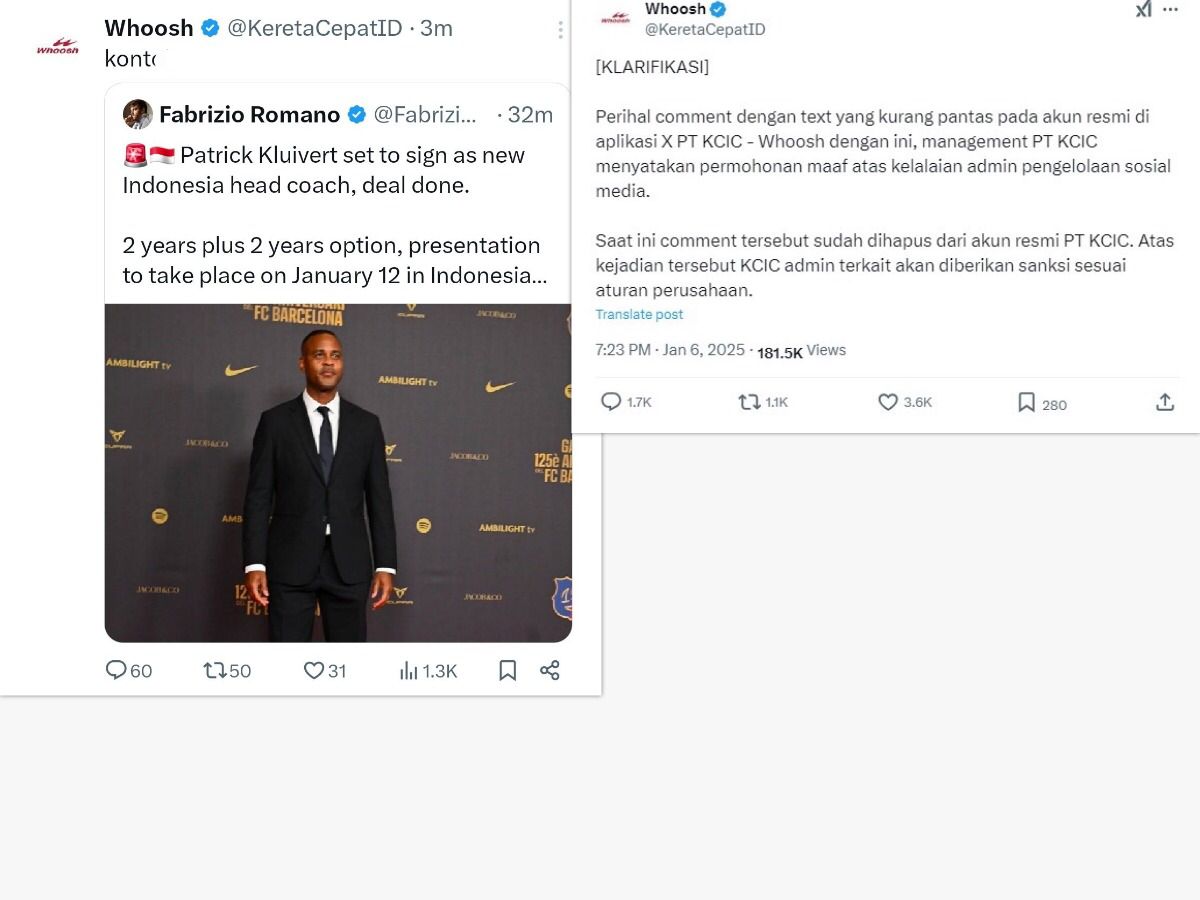 Tangkapan layar komentar admin Whoosh sekaligus klarifikasi PT KCIC.