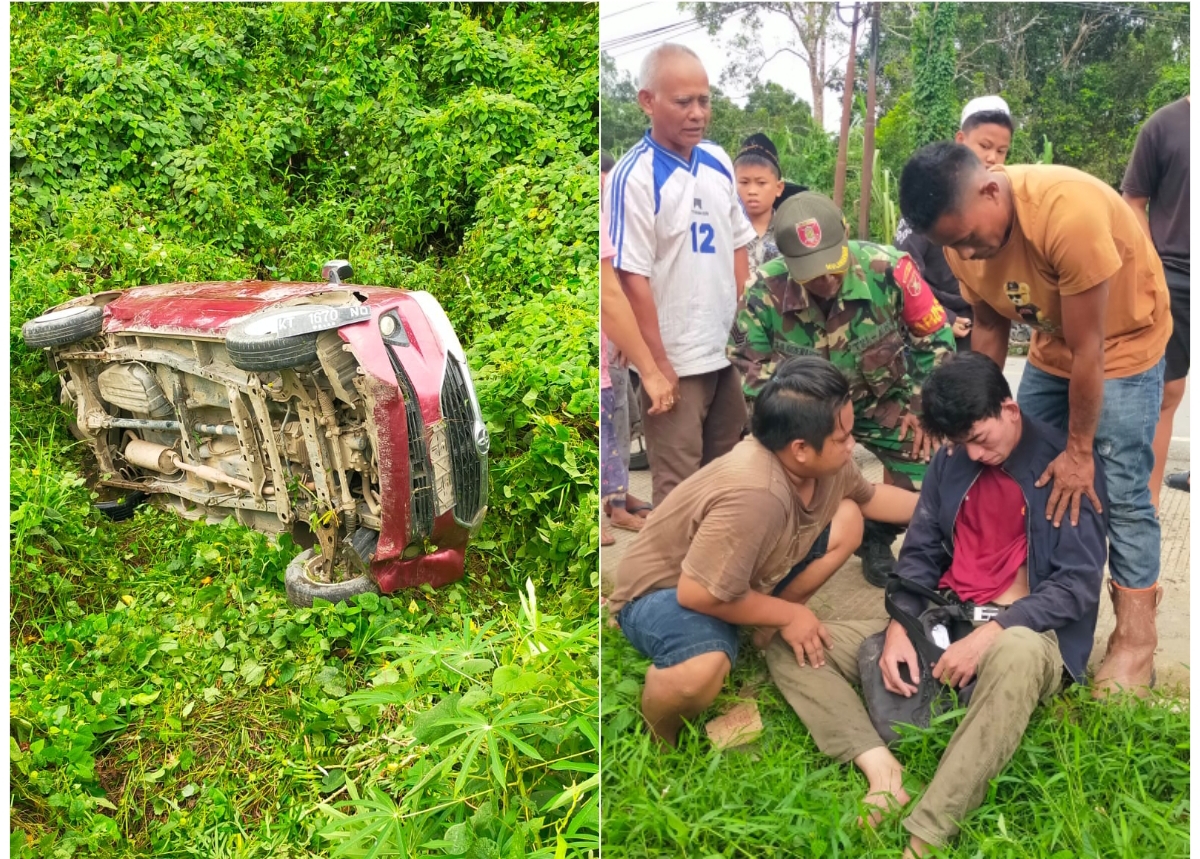 PERAWATAN: Korban saat petugas dan warga membantu evakuasi korban (atas). Kondisi mobil terbalik (bawah). (FOTO: IST)