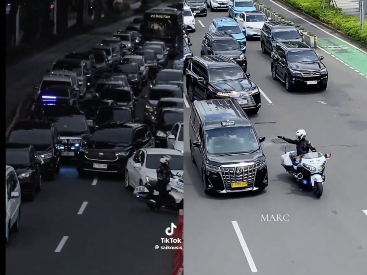 Aksi patwal mobil dinas RI 36 menunjuk-nunjuk taksi Alphard di Jalan Sudirman, Jakarta. Foto kiri, aksi patwal mobil RI 36 membuka jalan.