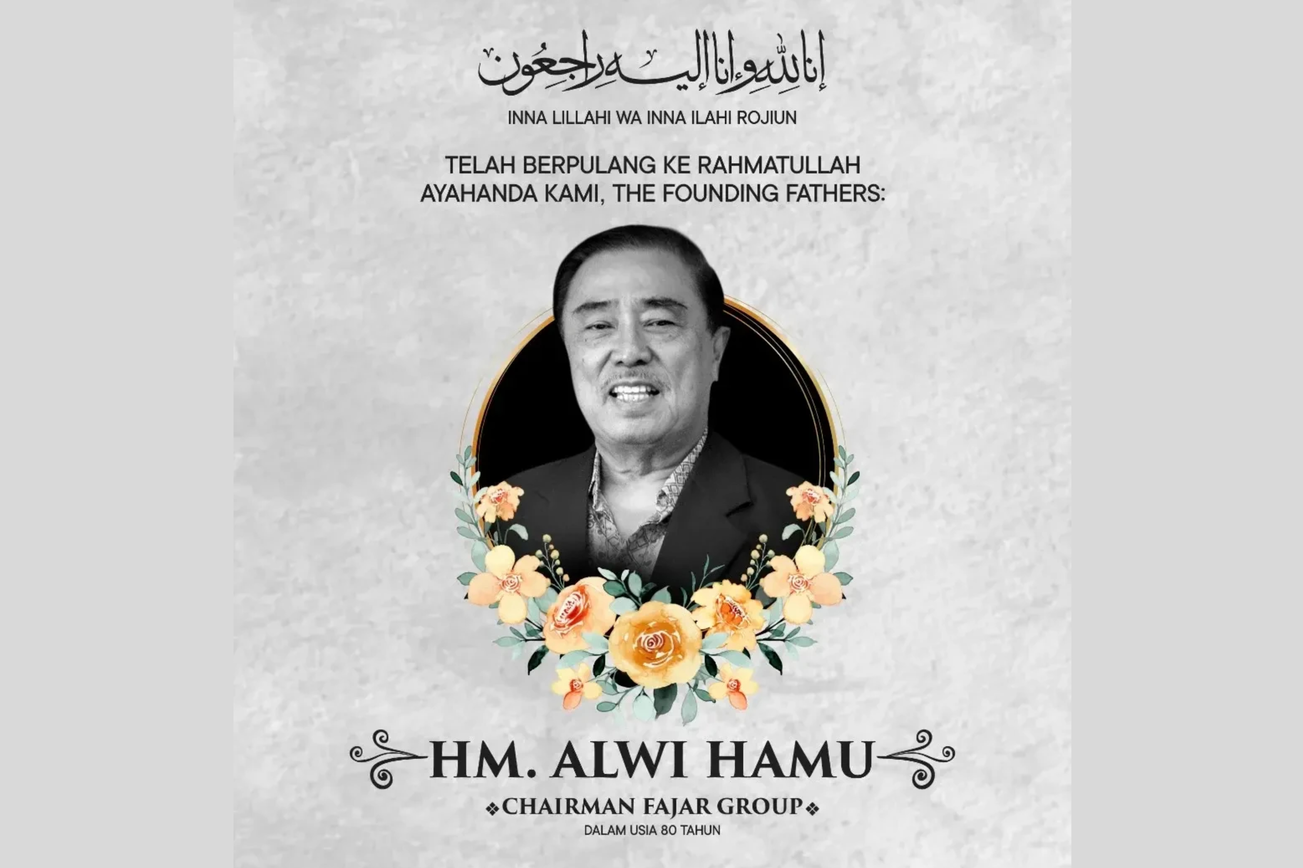KABAR DUKA: Chairman Fajar Group HM Alwi Hamu meninggal dunia pada Sabtu, 18 Januari 2025.