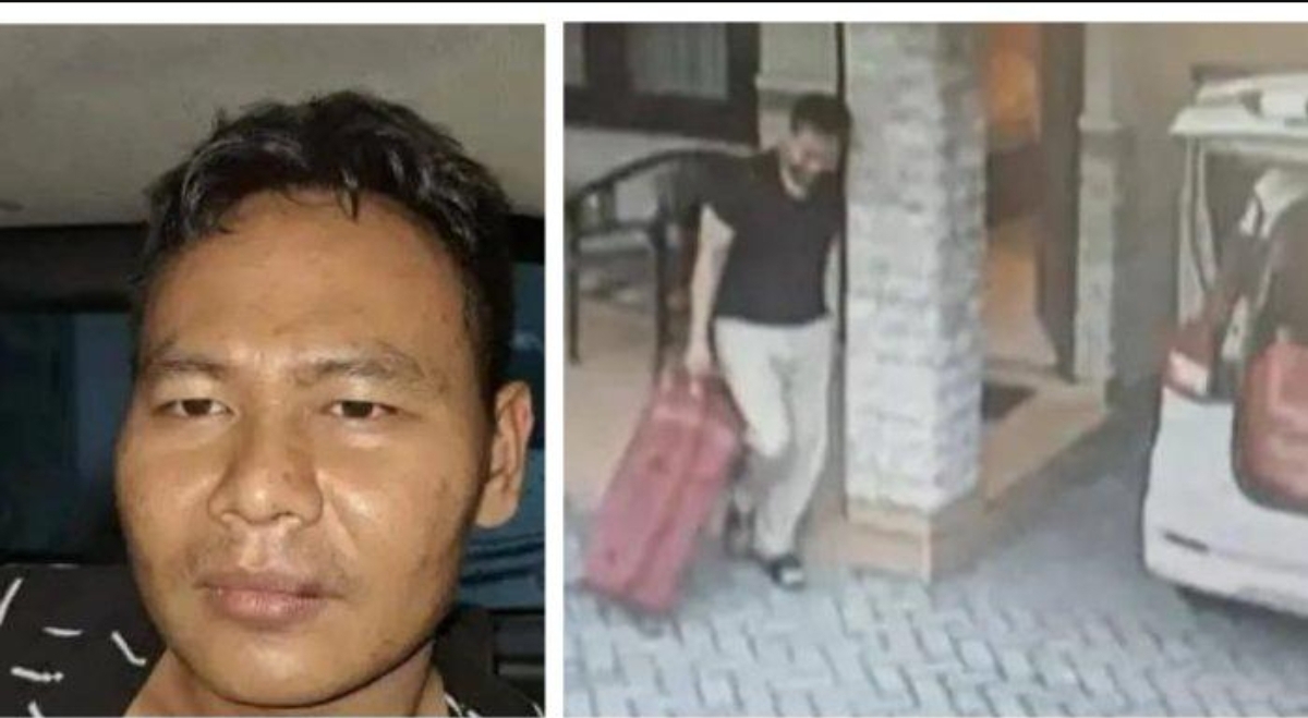 PEMBUNUH SADIS: RTH alias A tampak keluar dari kamar 301 Hotel Adisurya, Kediri dengan membawa tas koper merah yang diduga berisi potongan tubuh Uswatun Khasanah. (FOTO: IST)