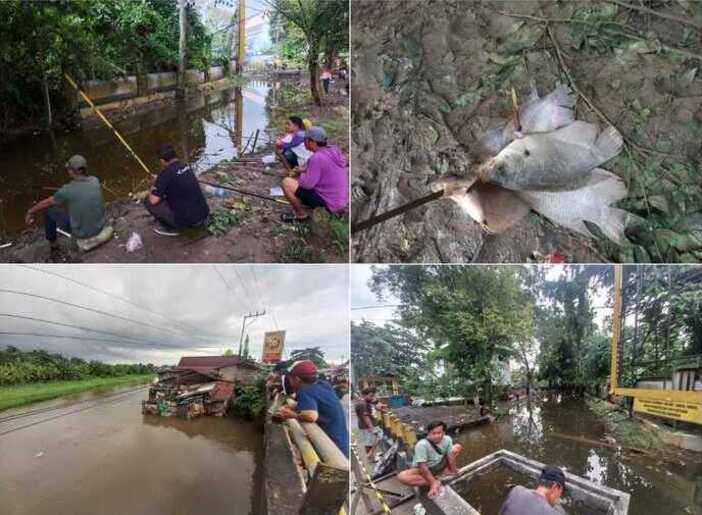 SANTAI: Warga berbondong-bondong memancing ikan di aliran drainase kampus Unmul Samarinda.