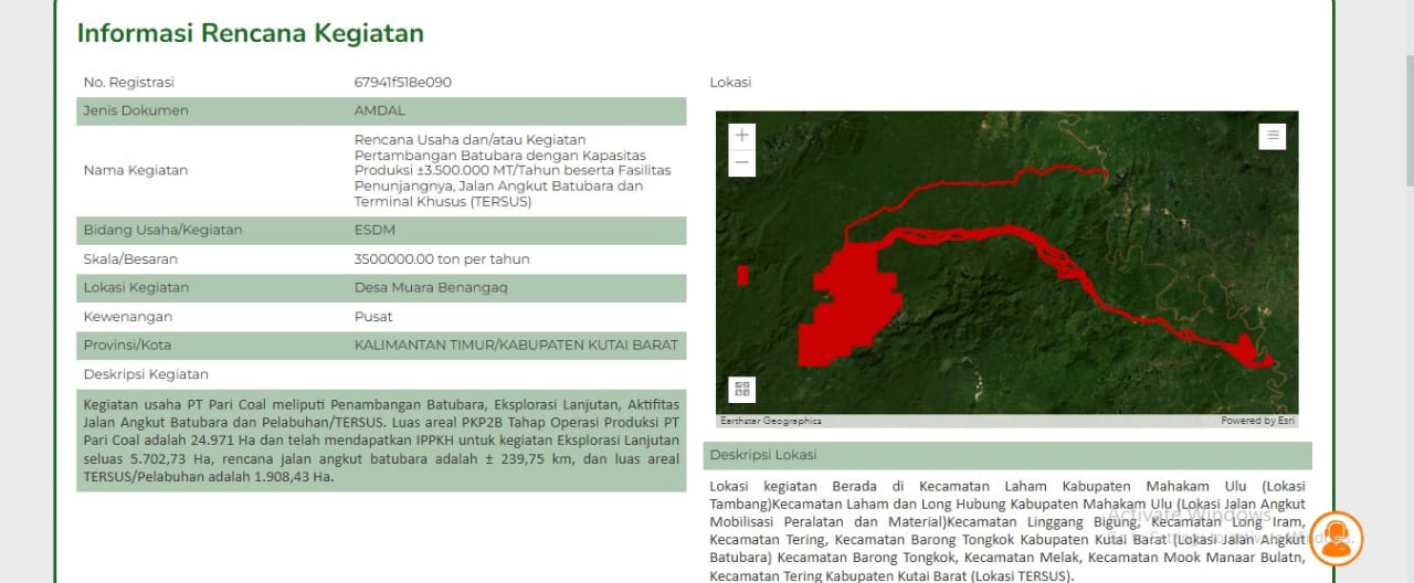 URUS AMDAL : Data dokumen Amdal yang diajukan PT Pari Coal. (FOTO: IST)