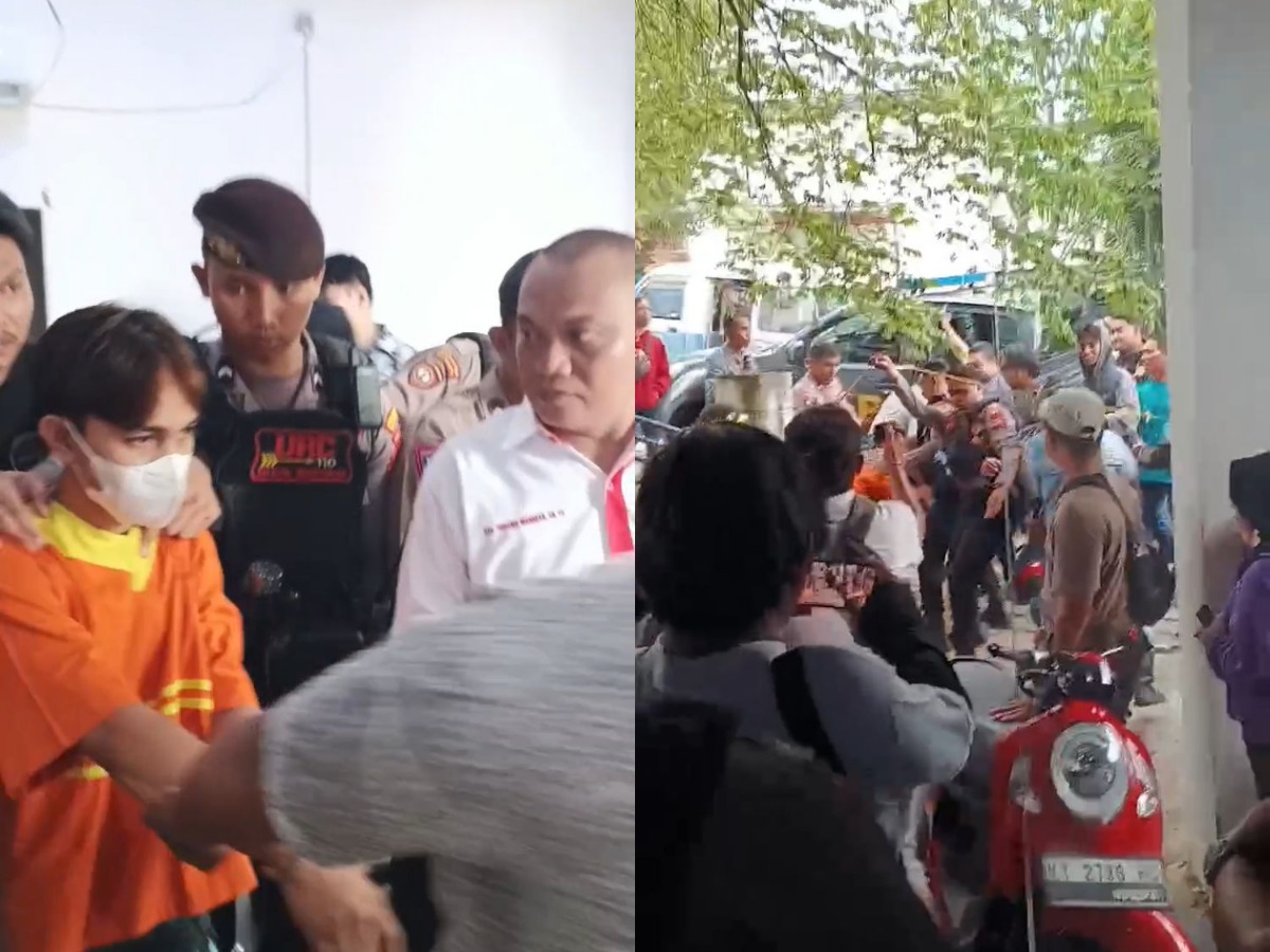 Tersangka saat akan keluar tahanan untuk direksonstruksi tiba-tiba dipukuli oleh keluarga korban. (Foto: Syahrul Ramadhan/KP)