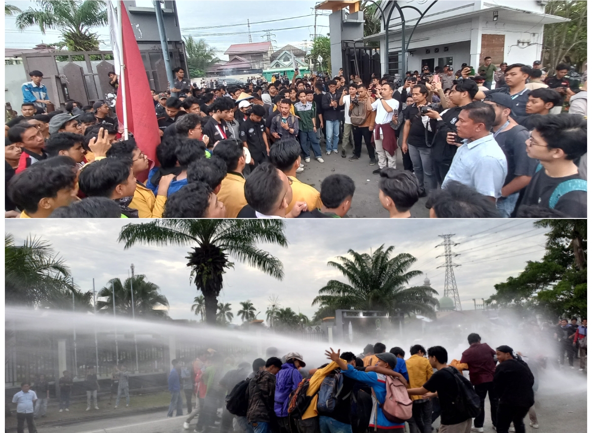 DEMO: Ratusan mahasiswa Kaltim berunjuk rasa di depan kantor DPRD Kaltim. (FOTO/EKO PRALISTIO)