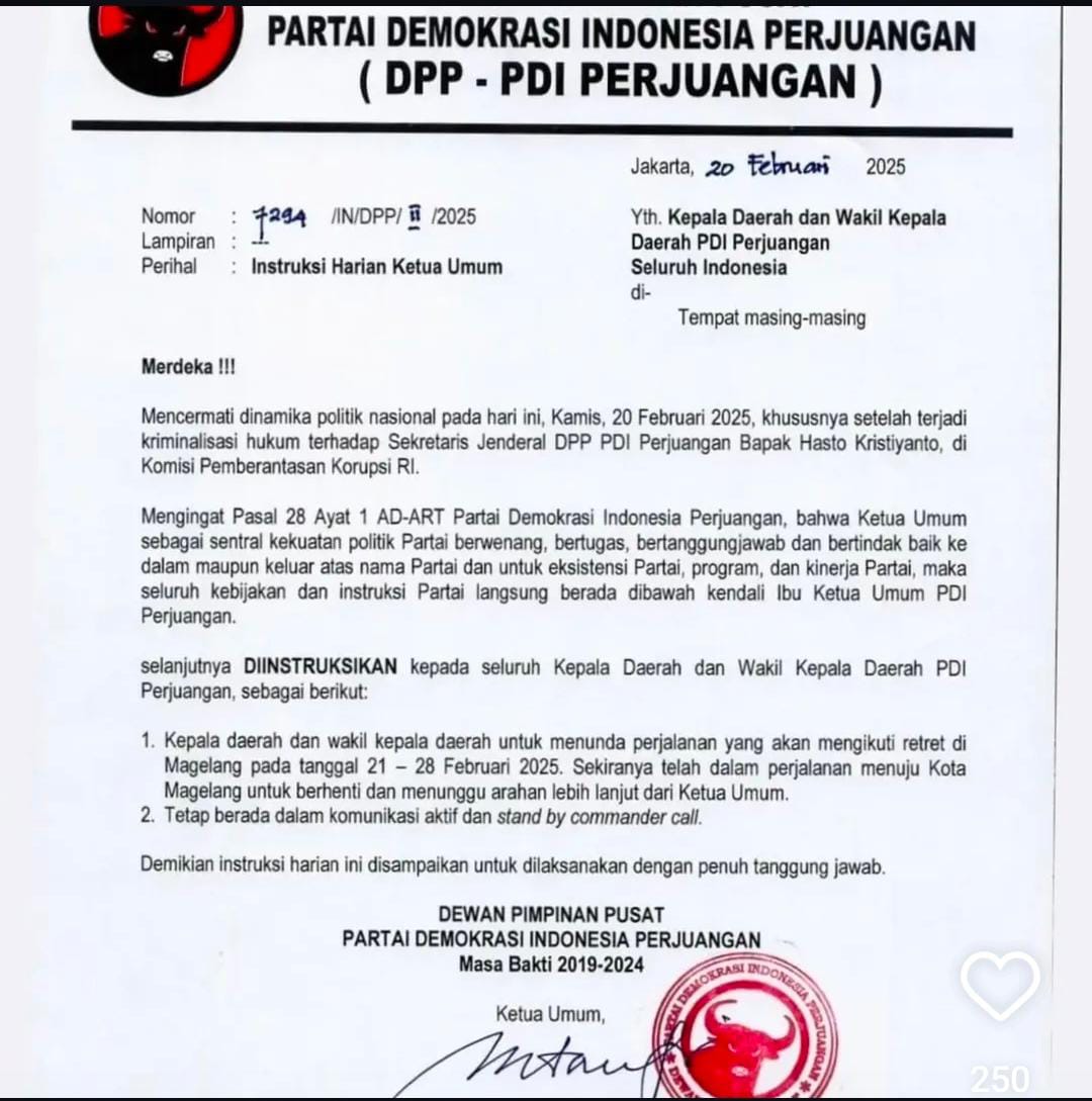 Surat instruksi dari Ketua Umum DPP PDI Perjuangan Megawati Soekarnoputri.