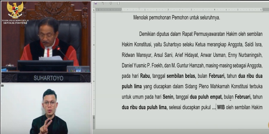 PUTUSAN: Tangkapan layar siaran langsung pembacaan putusan sengketa Pilkada Kukar 2024 oleh Ketua Mahkamah Konstitusi, Suhartoyo, Senin, 24 Februari 2025.