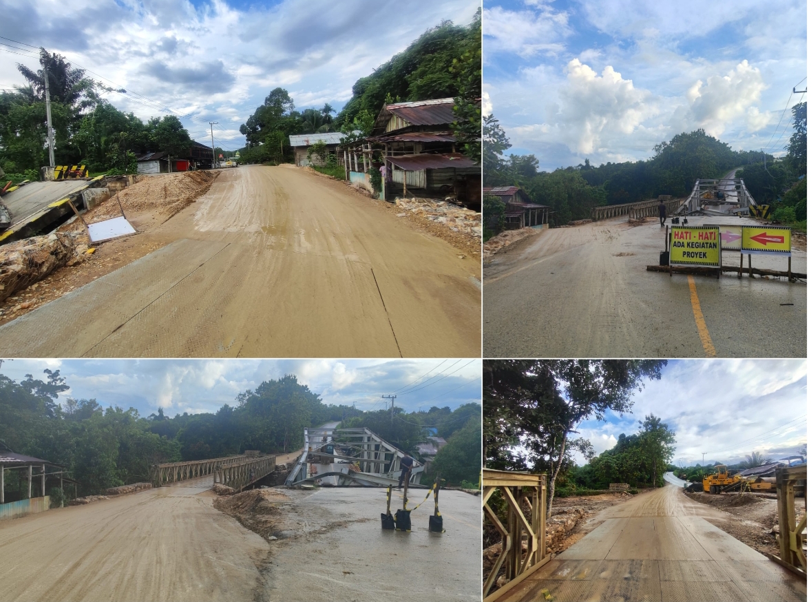 KENDALA CUACA: Pembangunan Jembatan Bailey di Desa Busui Kecamatan Batu Sopang terhambat kondisi hujan yang menyulitkan pengerasan jalan penghubung. (FOTO: IST)
