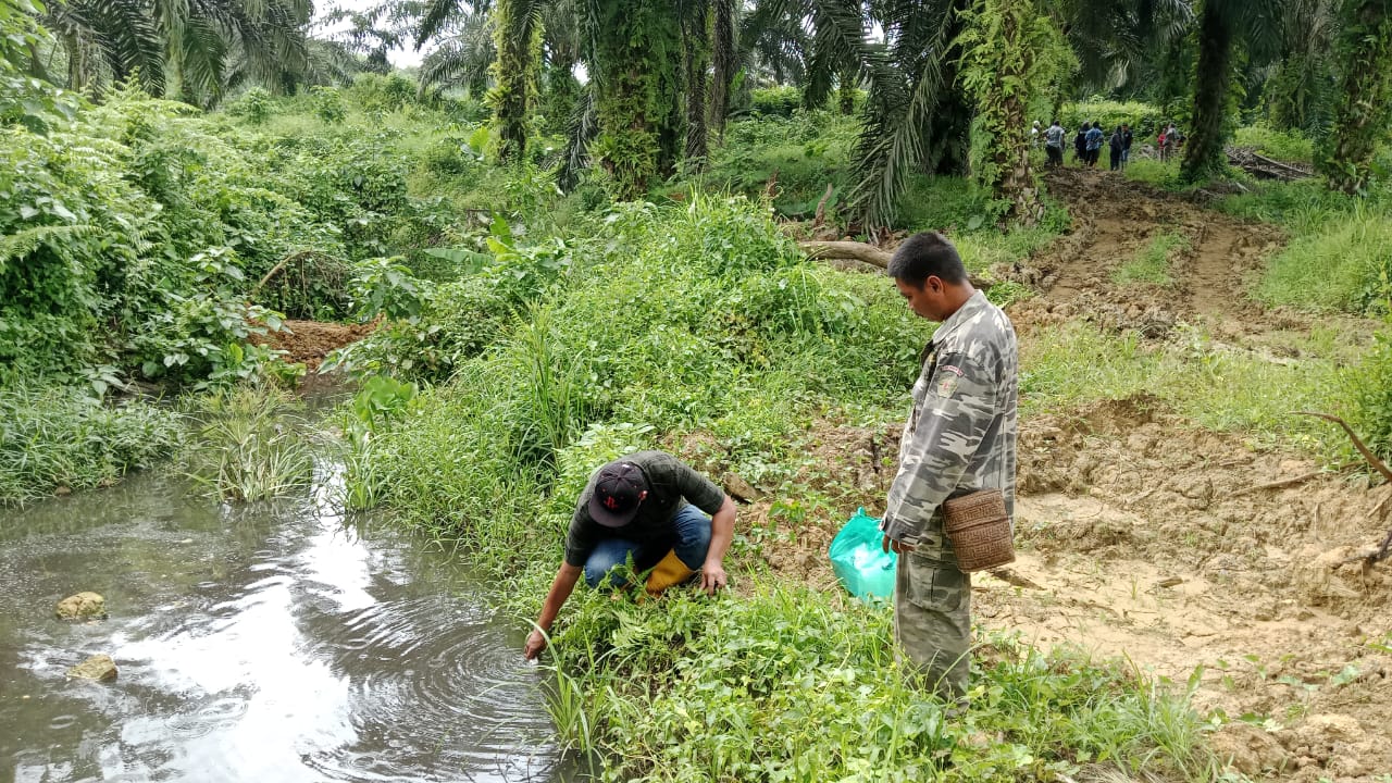AMBIL SAMPEL: Pengambilan sampel air tercemar di kawasan PT Wira Inova Nusantara.