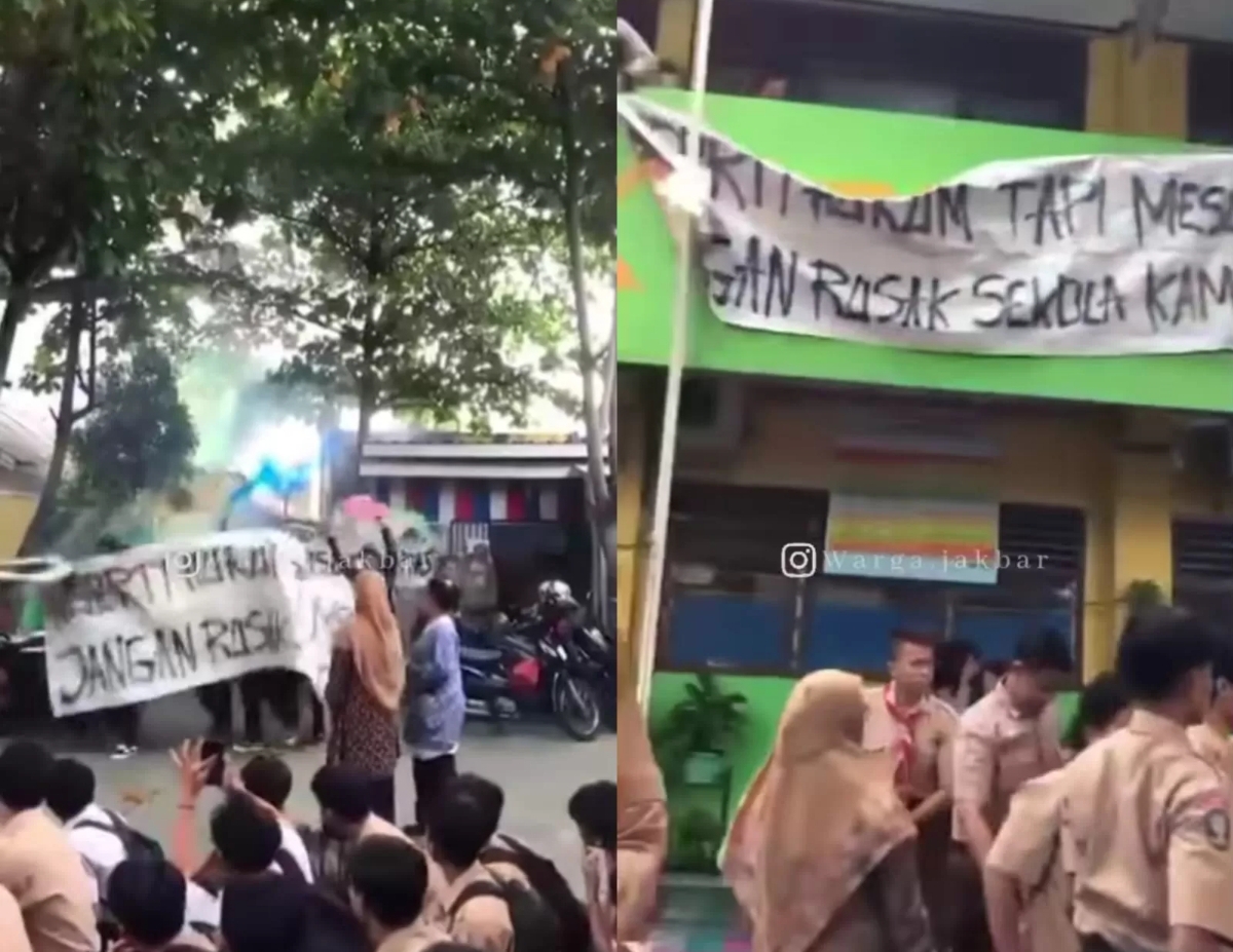 Aksi Demo yang dilakukan oleh para siswa SMK PGRI 5 Jakarta atas kasus pelecehan di sekolah yang ramai di media sosial (FOTO: ISTIMEWA)