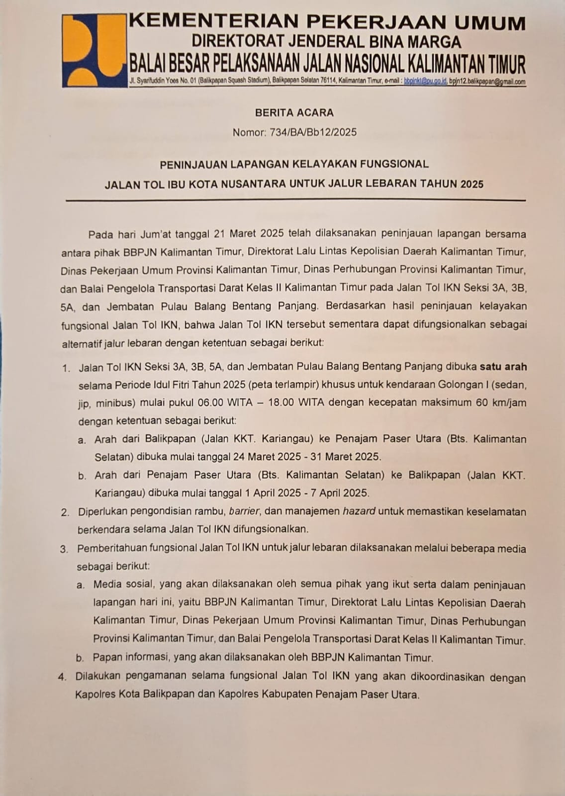 Berita acara hasil peninjauan BBPJN tentang kelayakan Tol IKN dan Jembatan Pulau Balang.