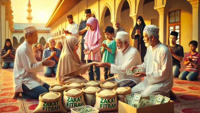 Umat Islam membayar zakat fitrah di masjid pada akhir Ramadan sebagai kewajiban tahunan.