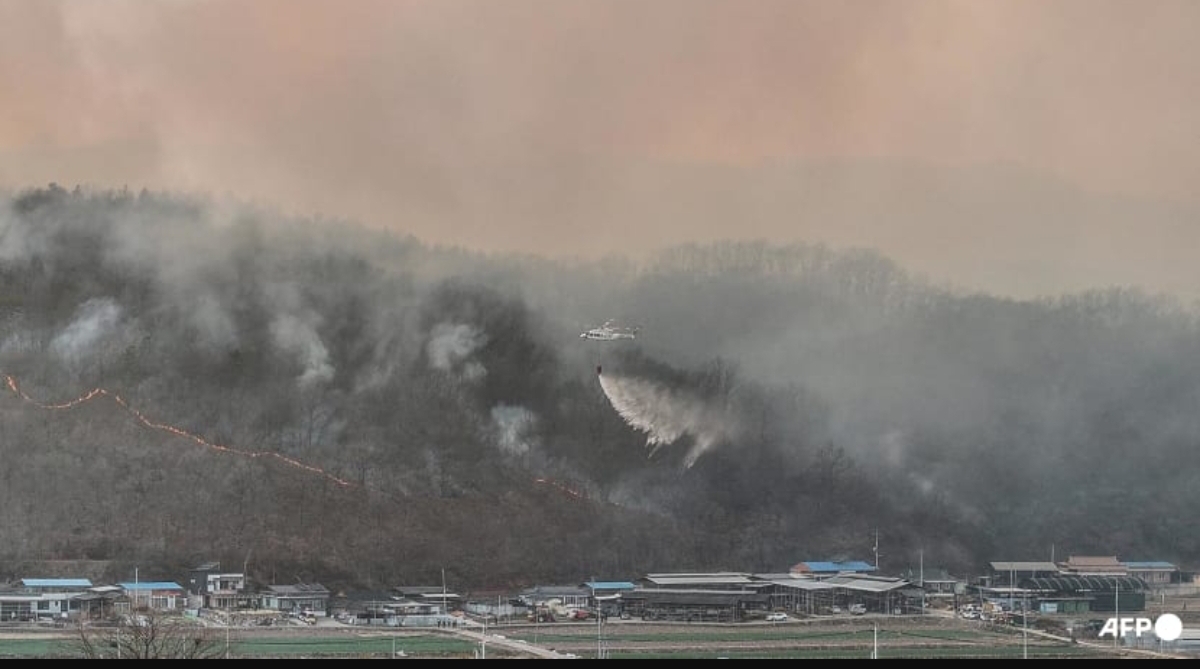 Sebuah helikopter berusaha memadamkan api setelah kebakaran hutan terjadi di wilayah tenggara Uiseong pada 22 Maret 2025. (Foto: AFP/Yonhap)