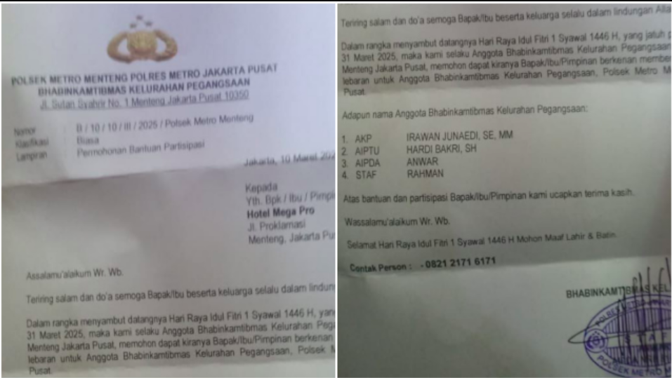 Foto surat yang diduga digunakan polsek meminta THR kepada pengusaha. (Tangkapan Layar)
