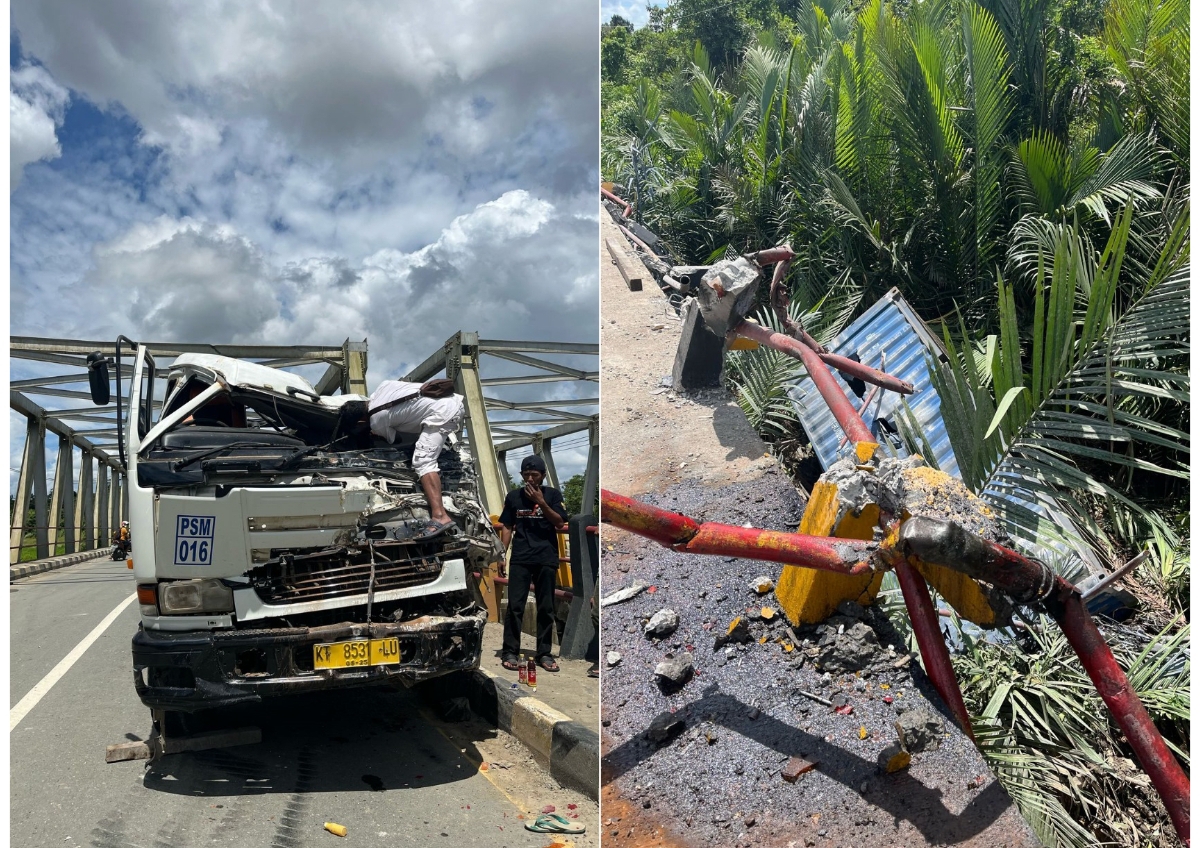 KECELAKAAN: Truk mengangkut kontainer mengalami insiden menabrak jembatan hingga kontainer jatuh ke sungai. (Foto: Anggie/KP)