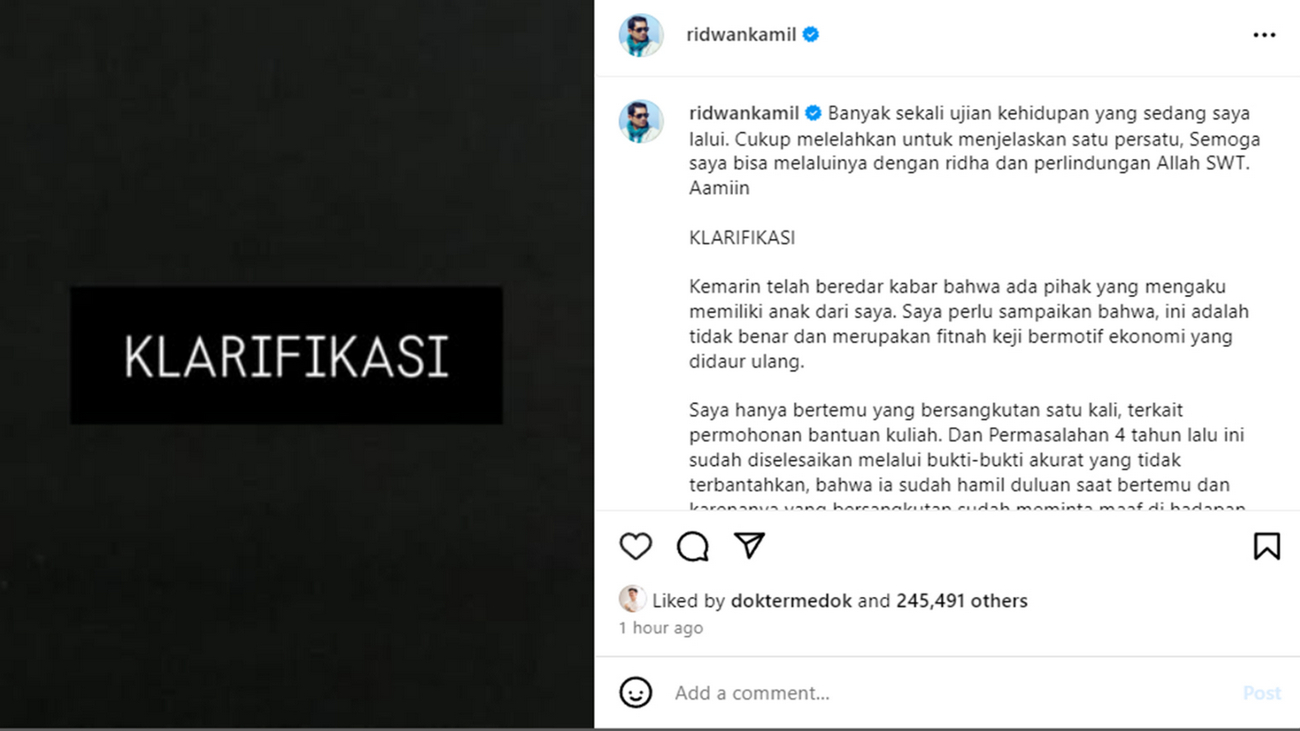 BUKA SUARA: Klarifikasi Ridwan Kamil soal perselingkuhan dengan Lisa Mariana.