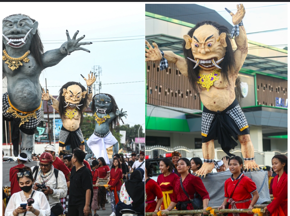 Mata melotot, taring tajam mencuat dari wajah gelapnya, dan kuku hitam panjang mencengkram udara seolah hendak menerkam. (FOTO/RAMA SITOHANG)