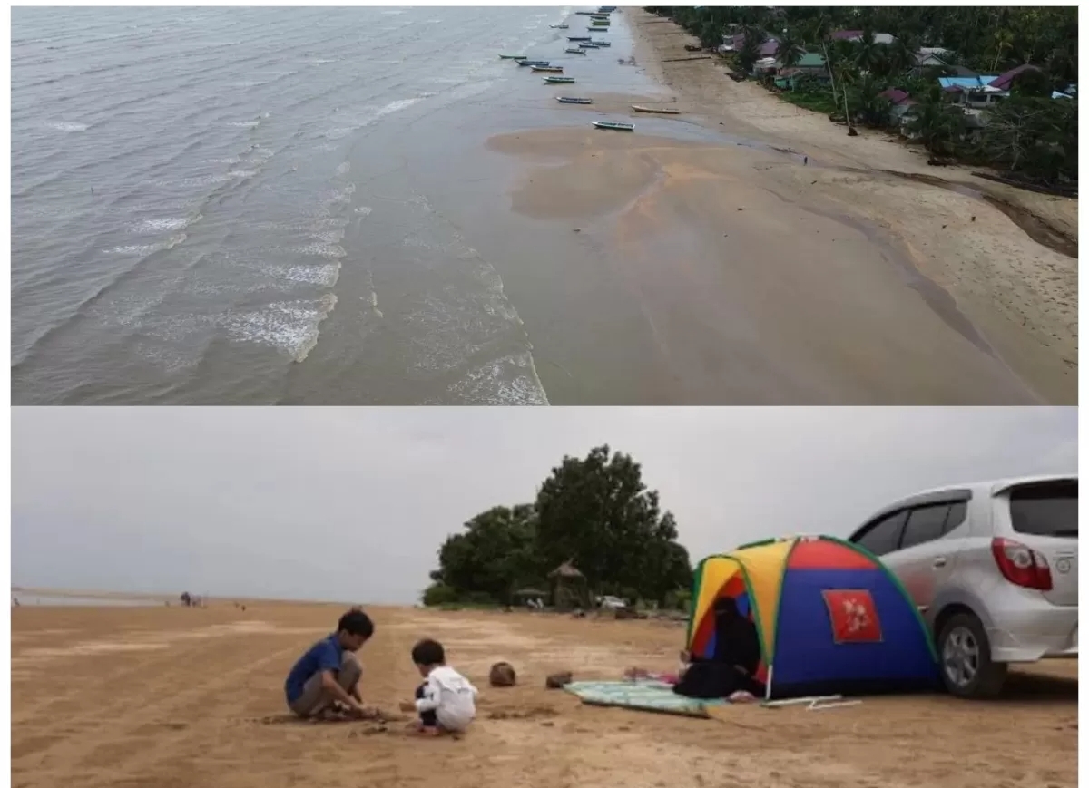 MENAWAN: Satu keluarga tampak saat menikmati keindahan Pantai Corong, dan keindahan Pantai Tanjung Jumlai di Kecamatan Penajam, PPU, saat difoto dari udara. (FOTO: IST)