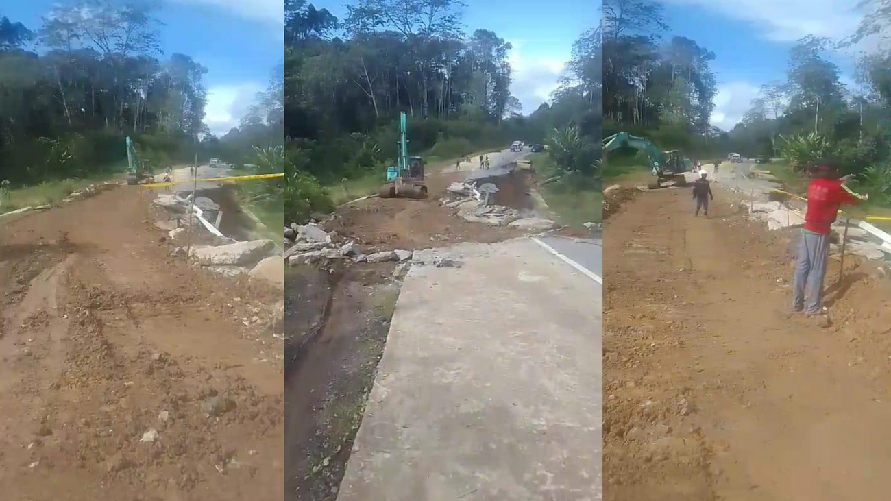 Jalan poros yang menghubungkan Kutai Barat (Kubar) dan Mahakam Ulu (Mahulu) amblas, Minggu, 13 April 2025.