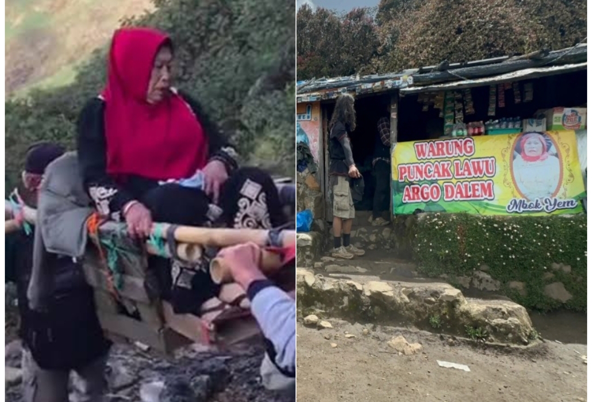 Mbok Yem saat di atas pandu turun dari puncak Gunung Lawu awal Maret 2025 lalu. (FOTO: IST)