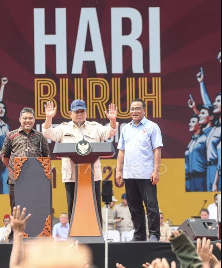 Presiden Prabowo ketika menghadiri perayaan Hari Buruh Internasional pada satu Mei 2025. (Foto: Antara)