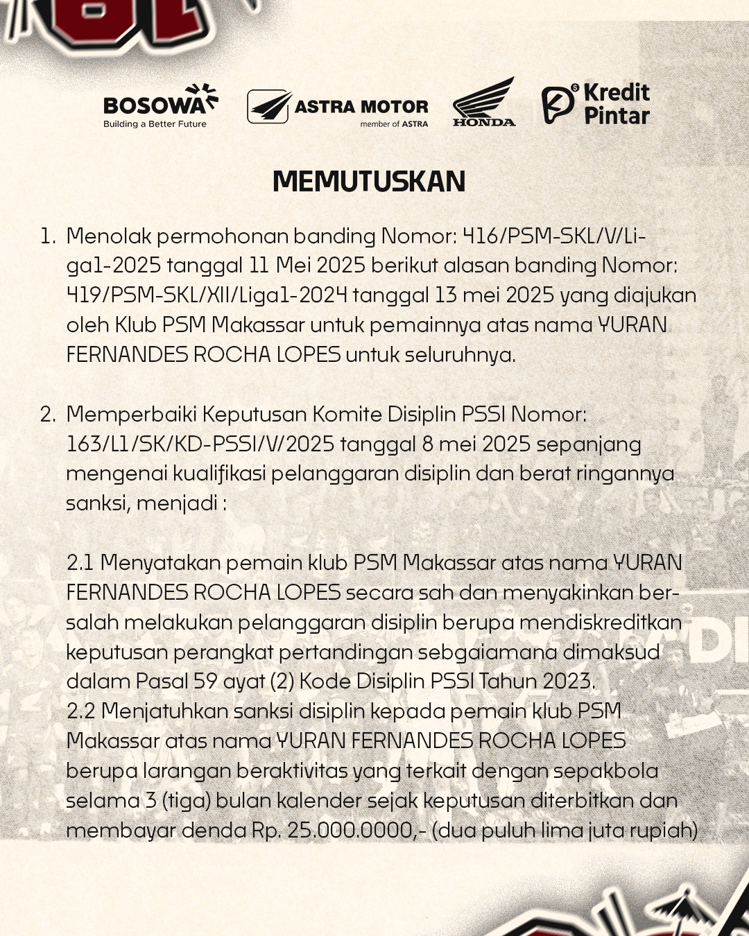 Bunyi putusan Komisi Disiplin PSSI