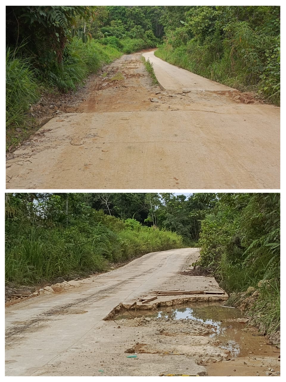 SETENGAH: Kondisi semenisasi jalan hanya selesai sebelah (atas) Semenisasi belum lama selesai amblas diruas jalan Rikong-Ponak (bawah).