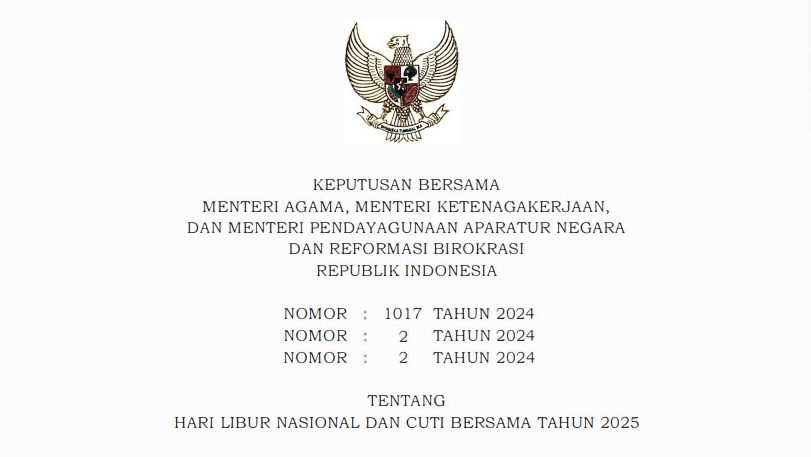 Surat Keputusan Bersama (SKB) 3 Menteri tentang libur Hari Raya Idul Adha (SKB 3 Menteri Nomor 1017, Nomor 2 Tahun 2024)