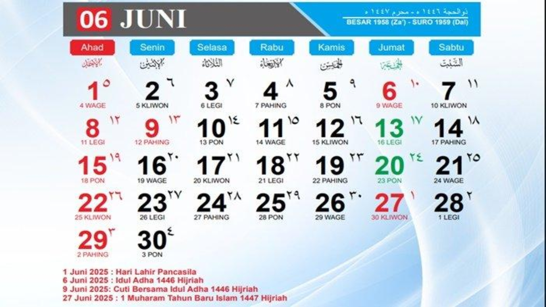 JADWAL: Kalender Hijriah Juni 2025.