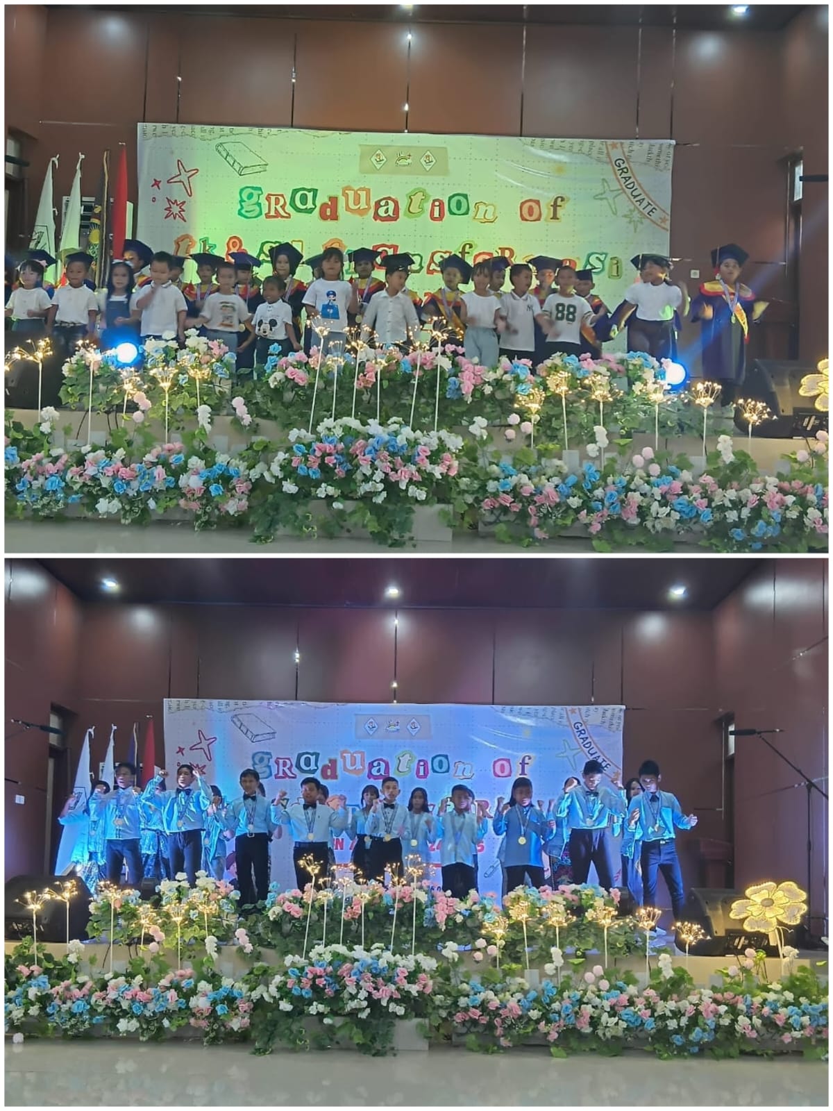 PELEPASAN: Siswa-siswi Yayasan Pendidikan Transformasi dari TK ( foto atas) dan SD ( bawah) saat ceremony pelepasan.