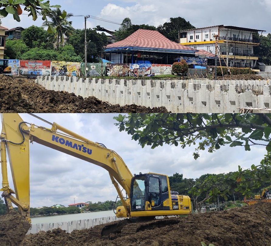 MINIM GANGGUAN: Pembangunan turap di Polder Air Hitam terus dikebut untuk memaksimalkan fungsi sebagai pengendali banjir di kawasan Jalan AW Syahranie dan sekitatnya, Minggu (15/6).