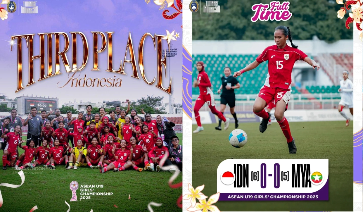 SELAMAT: Timnas Putri Indonesia U19 berhasil menempati posisi ketiga Piala AFF Putri U19 2025 setelah mengandaskan Myanmar, Rabu (18/6/2025).